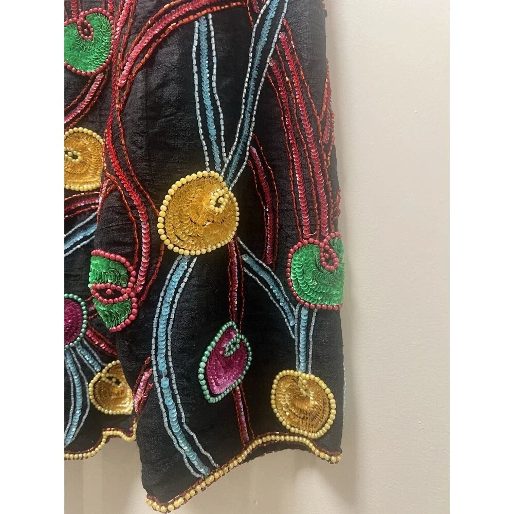 VTG Beaded Silk Beaded Sequin Scallop Hem Festival Shirt Top Sz M Bling Boho - Picture 3 of 6